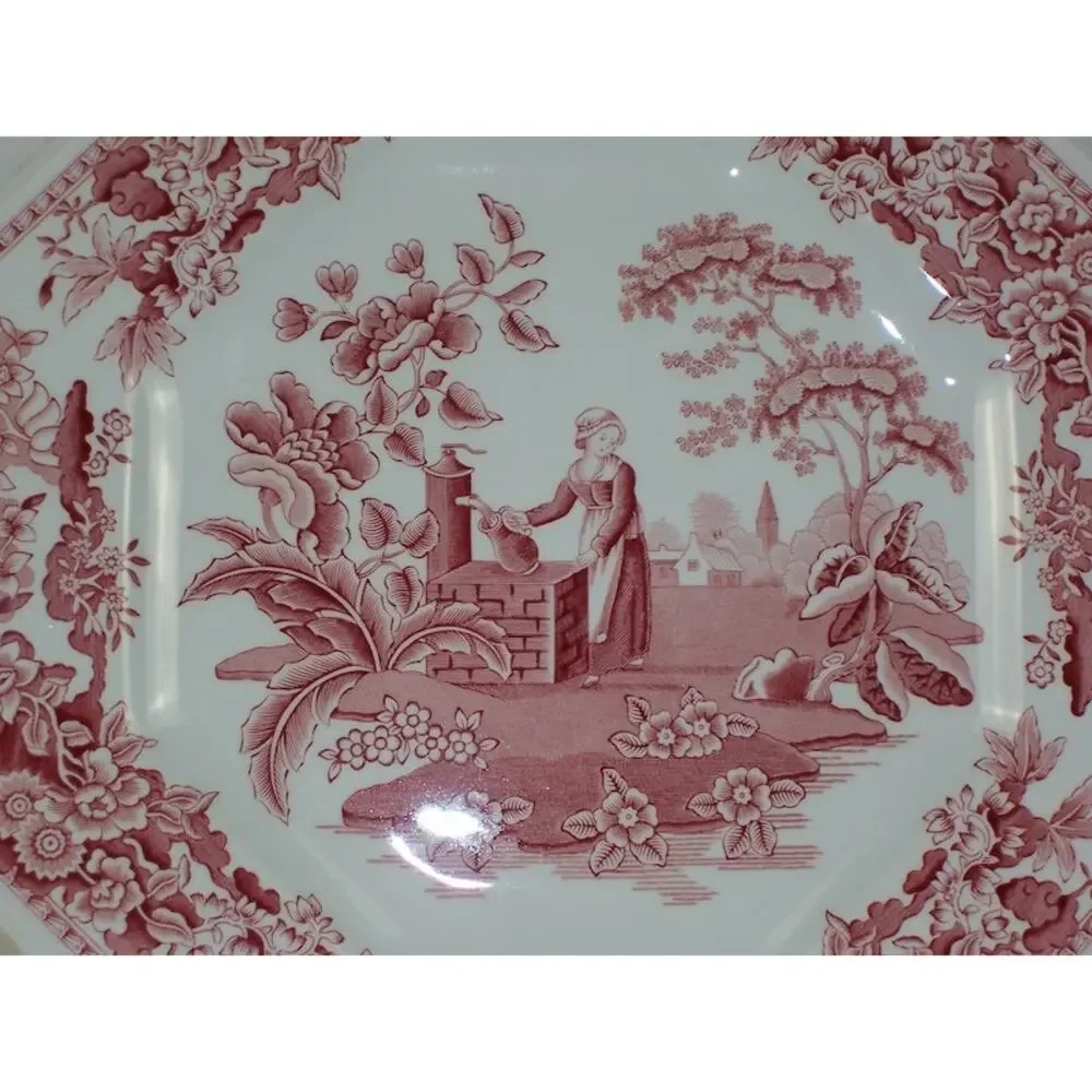 Spode Archive Sutherland Collection Girl at Well Octagonal Red Dinner Plate 10.5